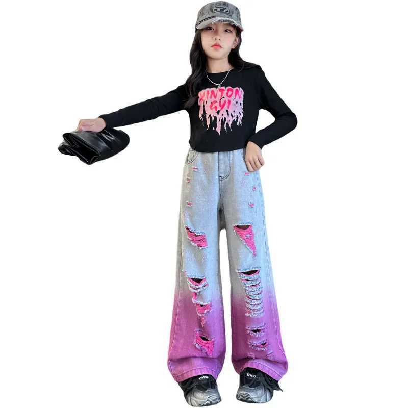 2024 Teen Girls Hole Wide Leg Pants Fashion Loose Street Gradient Color Jeans Childrens Clothing 4-14Y School Children TrouserT250326