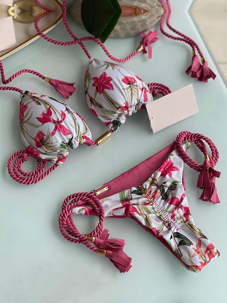 Plant printed woven rope bikini set womens swimsuit sexy low waist twopiece beach wear 2023 250319