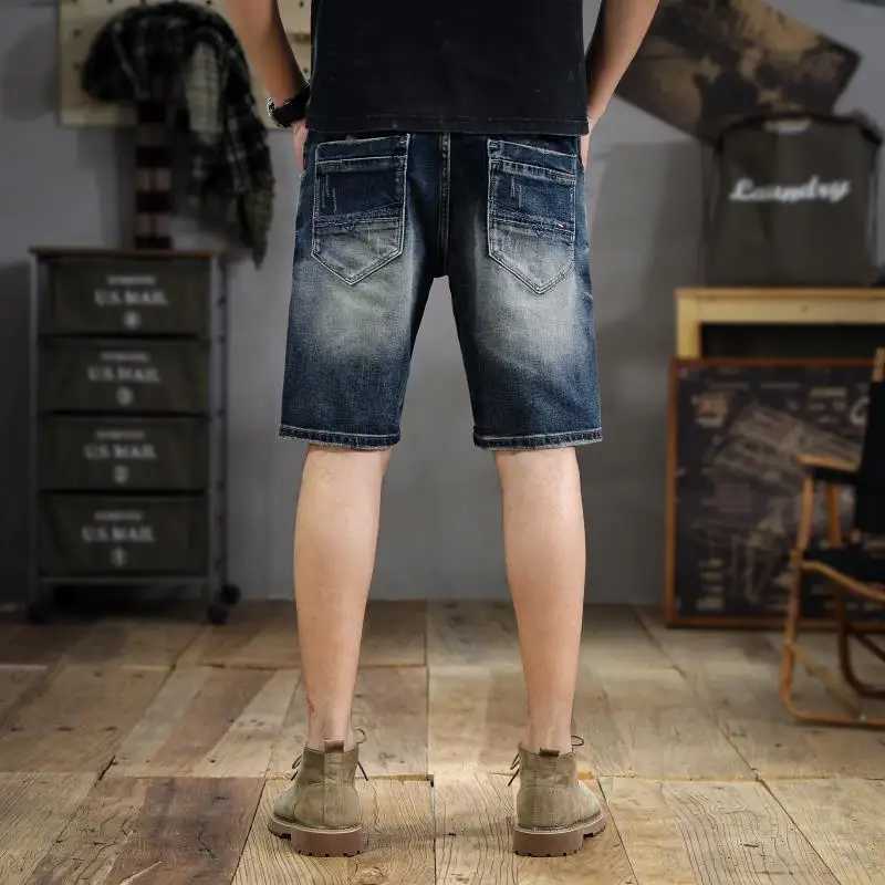 New American Fashion Vintage Wash Scratch Hole Denim Shorts Mens Slim Straight Five Minute Trousers Gangster Handmade W250319