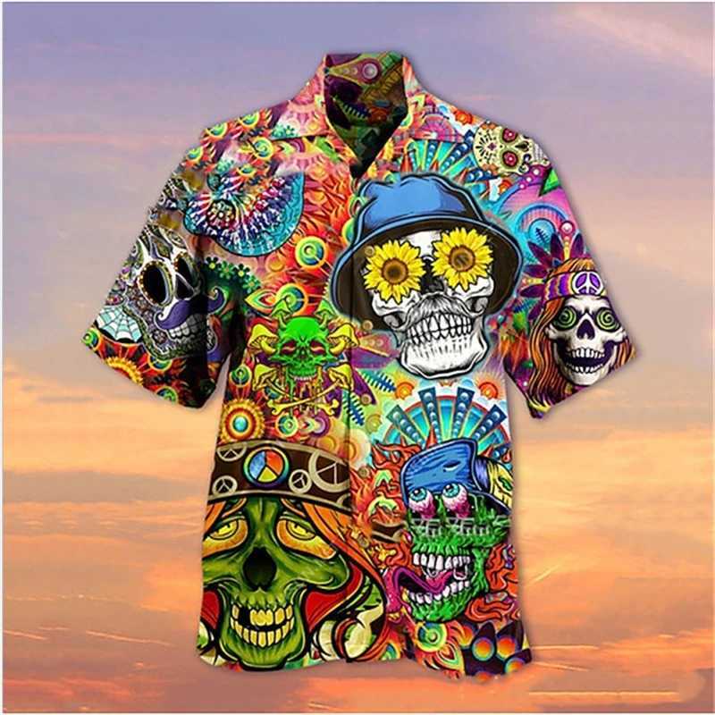 Latest Skeleton Collar Mens Shirt Horror 3D Printing Casual Hawaiian Shirt Mens Retro Shirt Mens Button Short Sleeve Mens Clothing M250320