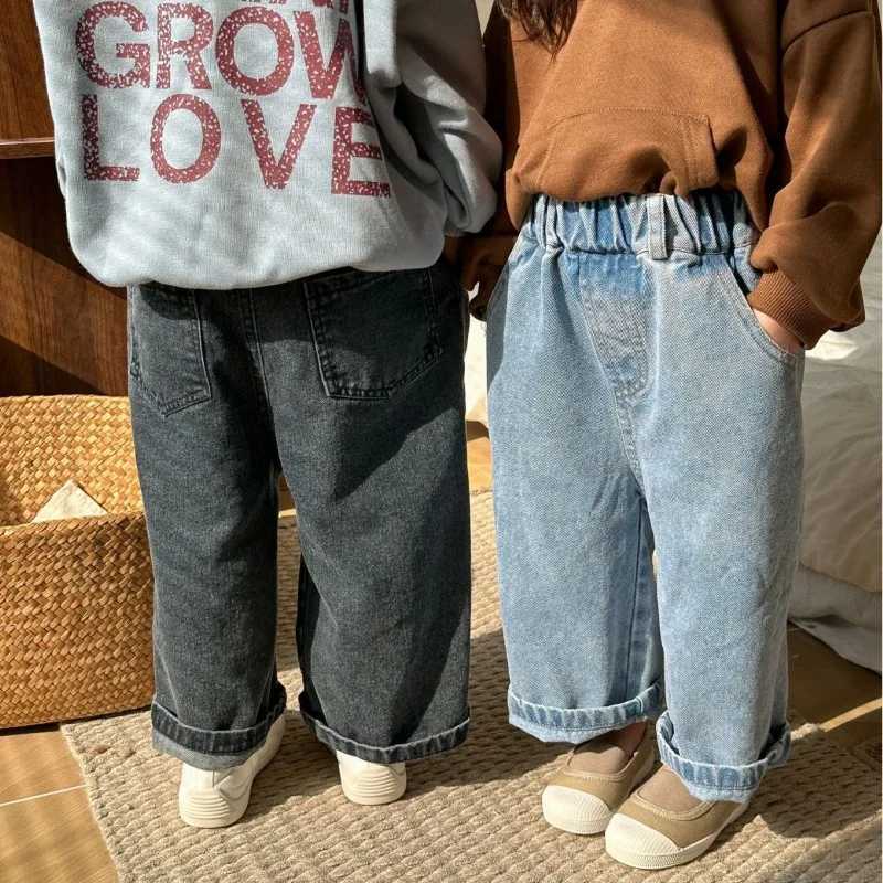 2024 Autumn Boys and Girls Solid Color Cowboy Wide Leg Pants Unisex Childrens Casual Full Match JeansT250326
