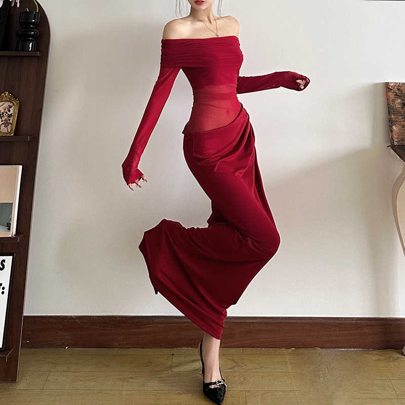 Spring Women's Clothing Style Sexy One Shoulder Mesh Perspective Long Dress for Women 250315