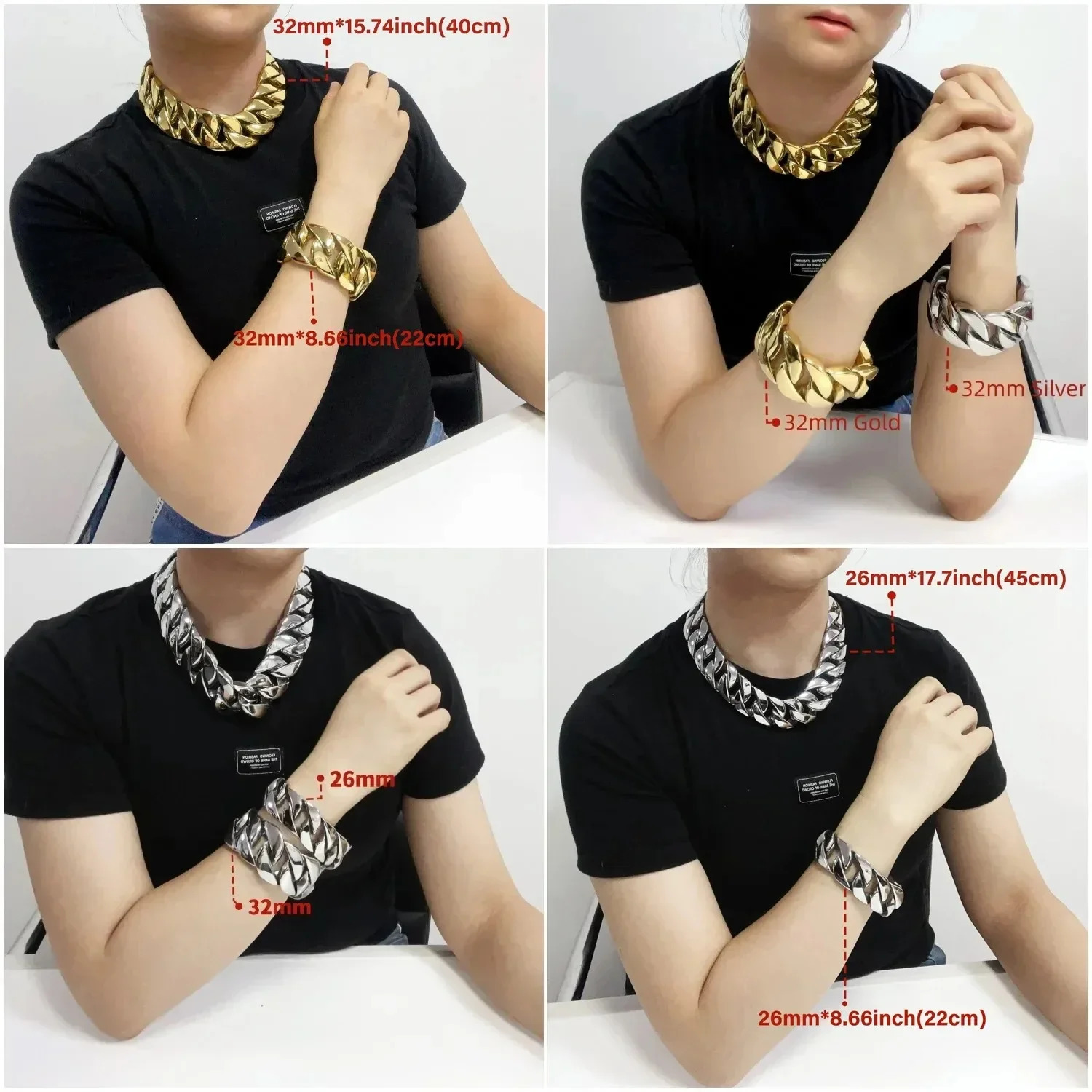 European and American 32mm wide and thick Cuban chain stainless steel bracelet necklace mens and womens gold color jewelry 250318