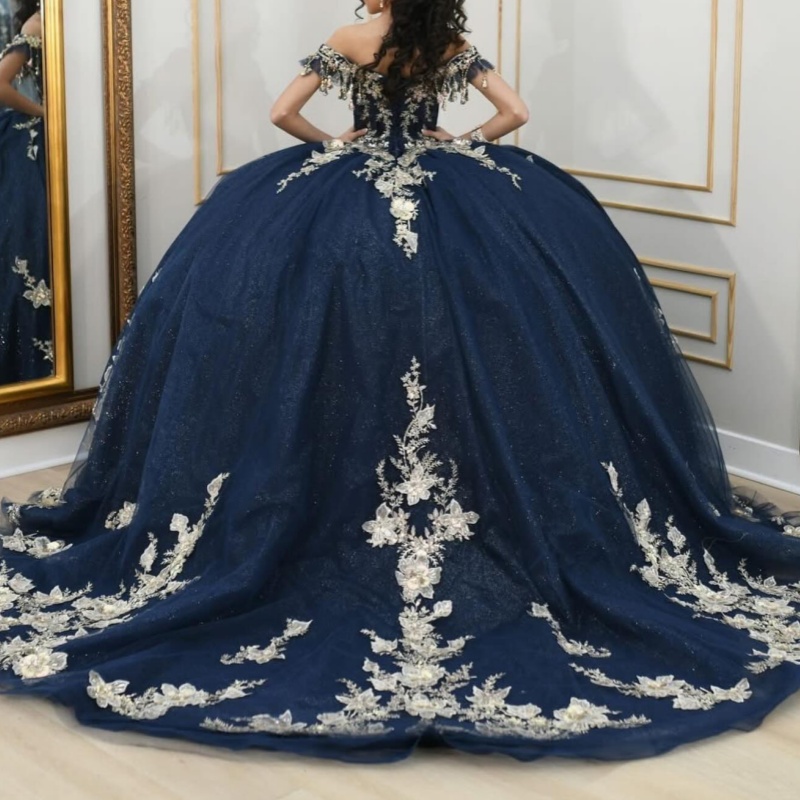 Navy Blue Shiny Off Shoulder Quinceanera Dresses Applique Flower Beads Tull Tiered Party Birthday Sweet 16 Dress Vestidos 15 De Anos