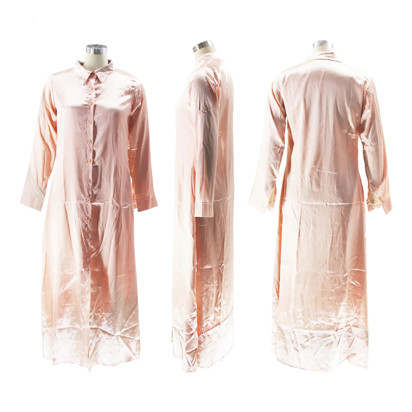 CM.YAYA Women Full Sleeve Turn-down Neck Single Breasted Shirt Satin Maxi Long Dress Vestidos Summer Party Loose Dresses 250320