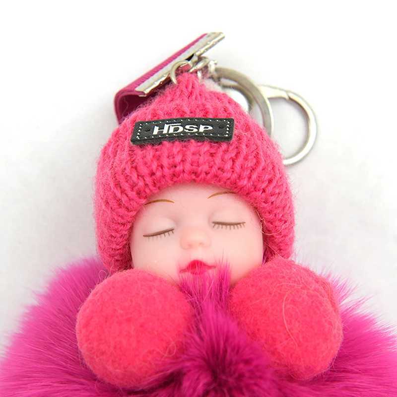 Pompom Sleeping Baby Keychain Cute Fluffy Plush Doll Keyholder Women Girl Bags Keyrings Cars Key Ring Gift Charming DecorationXJ250319