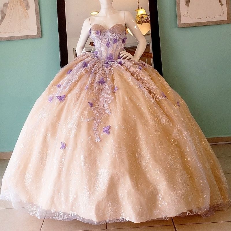 Champagne Shiny Quinceanera Dresses Ball Gown With Cape Sequin Lace Applique Bow Beads Tull Corset Sweet 16 Dress Vestidos De 15 Anos