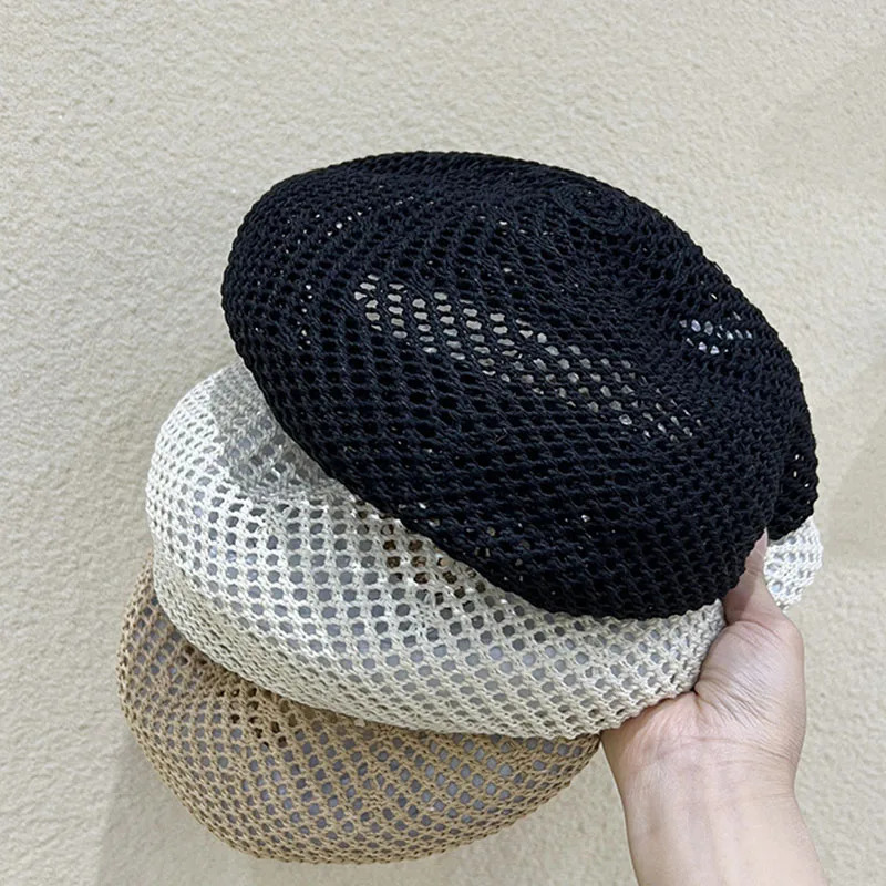 Hollow knitted breathable beret summer hat for women fashion simple casual painter hat travel versatile pumpkin cap mushroom hat 250320