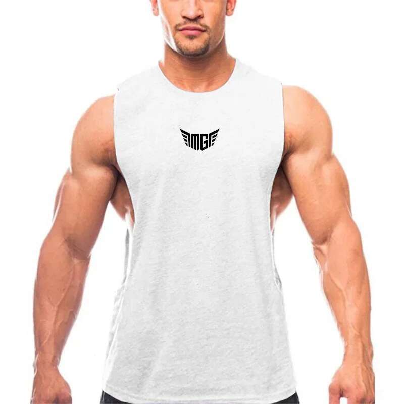 Men's bodybuilding vest, sleeveless sports shirt, fitness vest, armor hole, solid top, cotton T-shirt, gymnastics singles