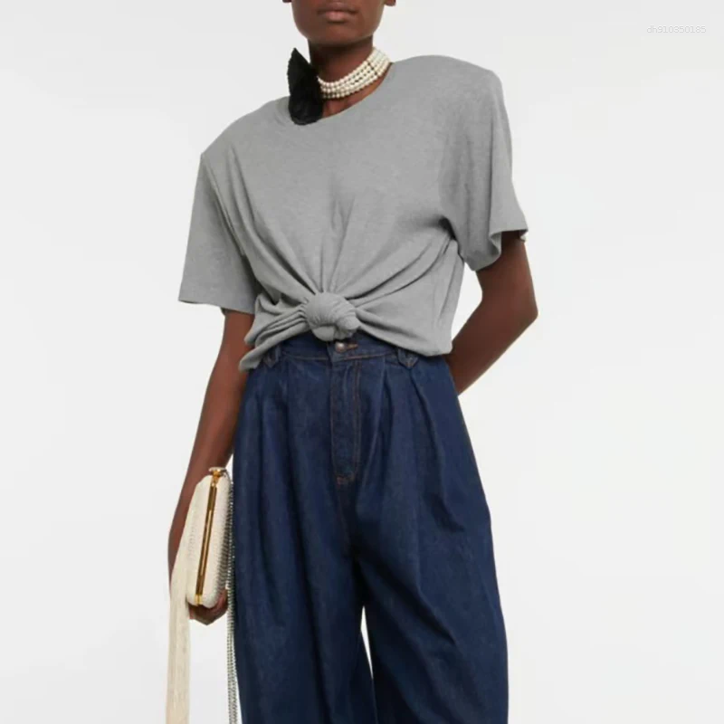 Women's T Shirts Knotted Ruffled Thread Tee Stylish Crew Neck Short-sleeved Top High Quality Cotton Summer 2025 Y2k