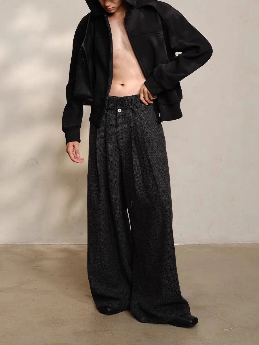 Mauroiardi Spring Autumn Long Loose casual bags Flowy soft pleated wide leg wool pants mens y ner Emo clothing 250317