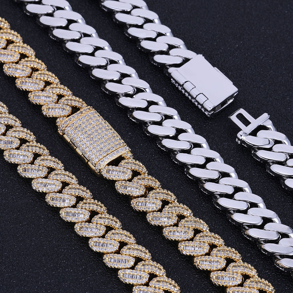 NUOYA Hip Hop Jewelry High Quality 12mm Bling Iced Cz Rectangle Diamond Prong Setting Cuban Link Necklace Homme