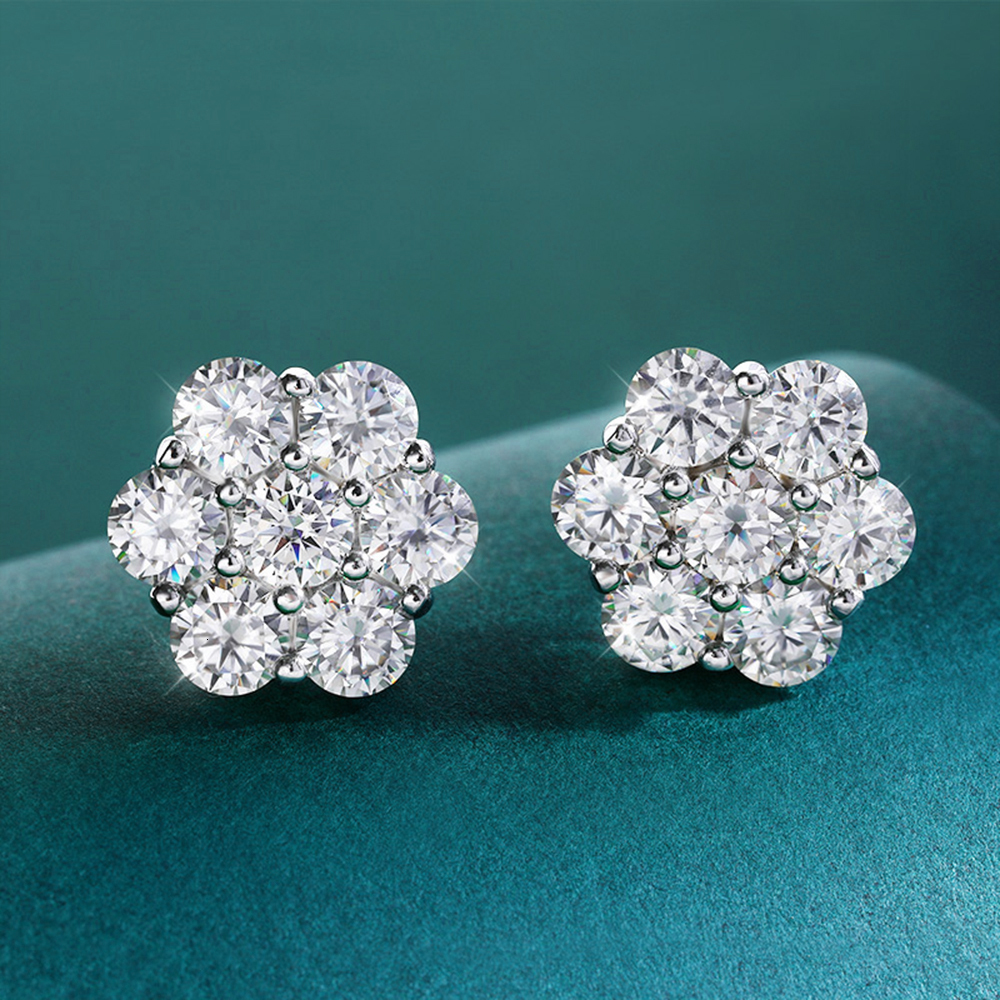 FEOBUR 7ct 14 Stones Full Moissanite Stud Earrings for Women 925 Sterling Silver Flower Shape Diamond Earring Wedding Jewelry