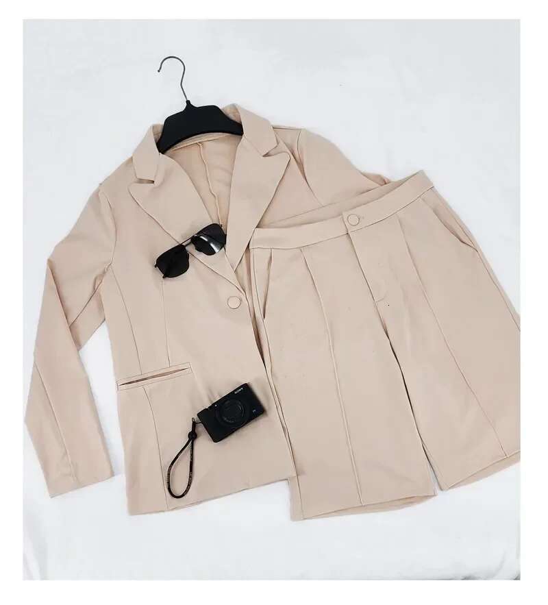 Solid Casual Two Piece Set For Women Matching Sets Outfits Long Sleeve Blazer Coat And Shorts Office Lady Elegant Business Suits