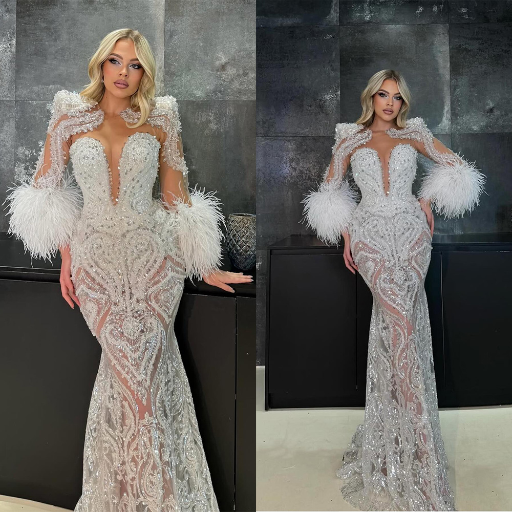Luxurious Feather Wedding Dresses Beading Crystal Mermaid Bridal Gowns Long Sleeves Illusion Custom Made Princess Bride Dress Vestidos De Novia