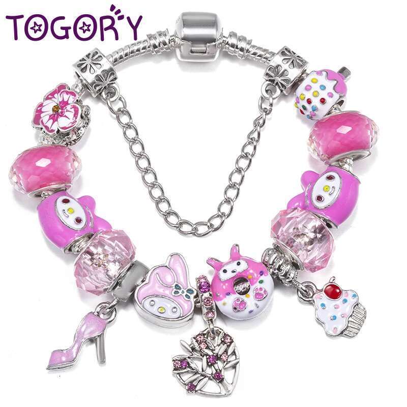 New Fashion Pink Donuts Beads Charm Bracelets Fits DIY Brand Bracelets Bangles For Women Girl Kids Bijoux Pulseras Jewelry Gift