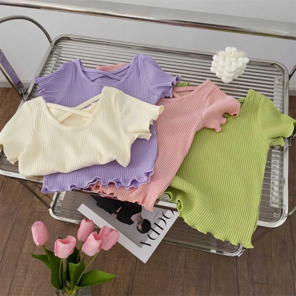 Bear Leader Summer New Girls Clothes Korean Version Top Cross Back Short Sleeve Kids Solid Color Round Neck Casual T-ShirtsT250320
