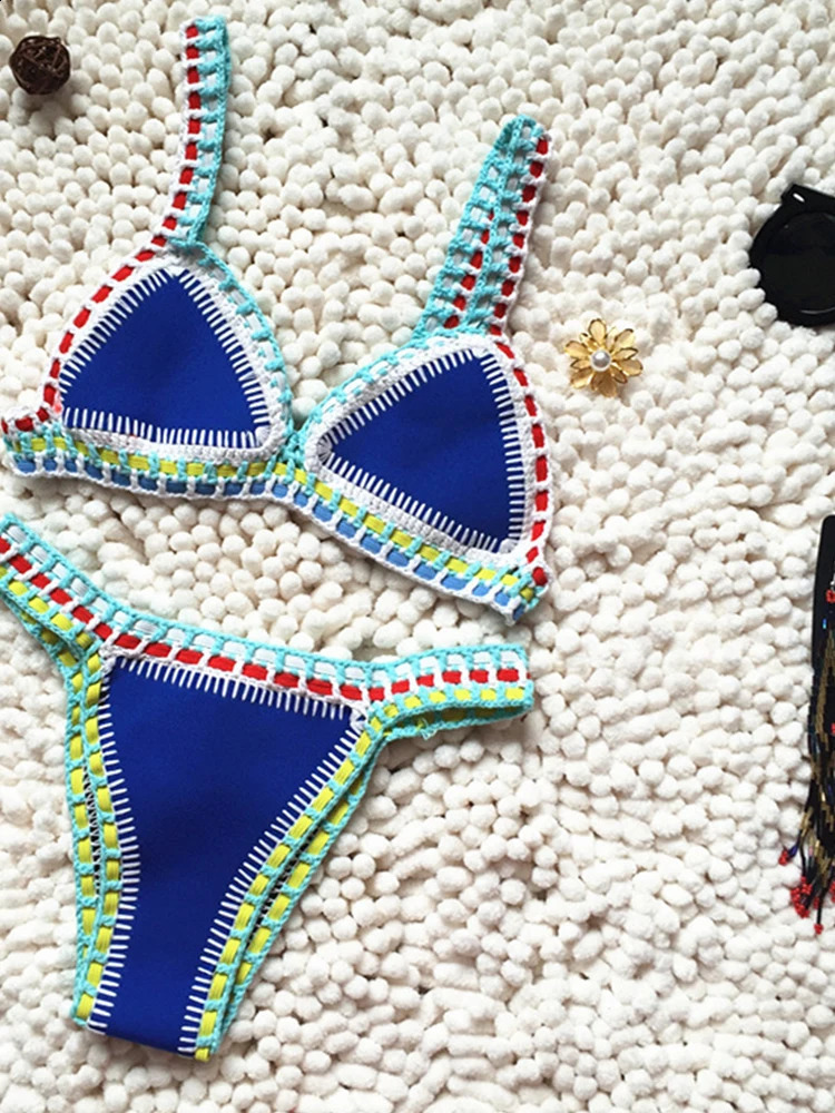 Crochet womens knitted swimsuit chloroprene rubber bikini beachwear bohemian style swimsuit two-piece swimsuit 250314