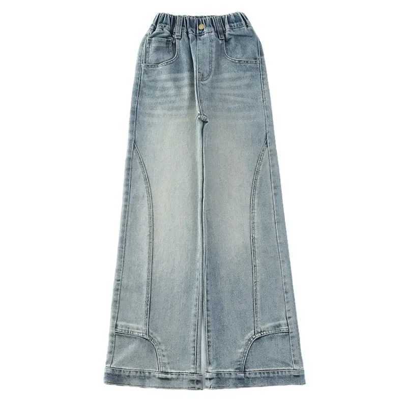 Spring and Autumn 2024 Girls Straight Leg Wide Leg Jeans Childrens Big Children Girls Teenagers High School 12 Year Old Blue PantsT2502320