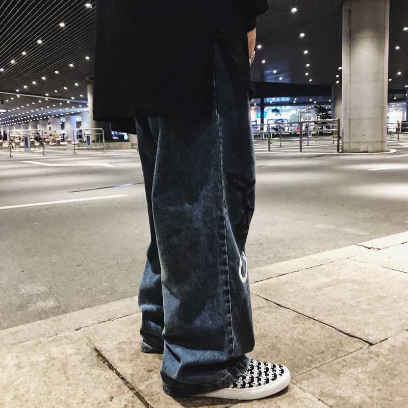 Painting hand drawing graffiti cartoon cartoon jeans mens high street oversized loose hip-hop Trouser street fashionT250319