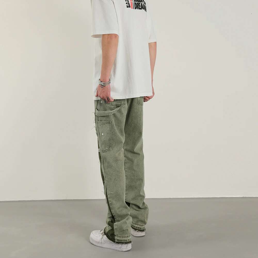Designer Jeans Vintage Distressed Jeans Niche Design Green Graffiti Men's Horn Jeans Hip-hop Splashed Ink Y2k Street Wear Casual Slim Fit Men