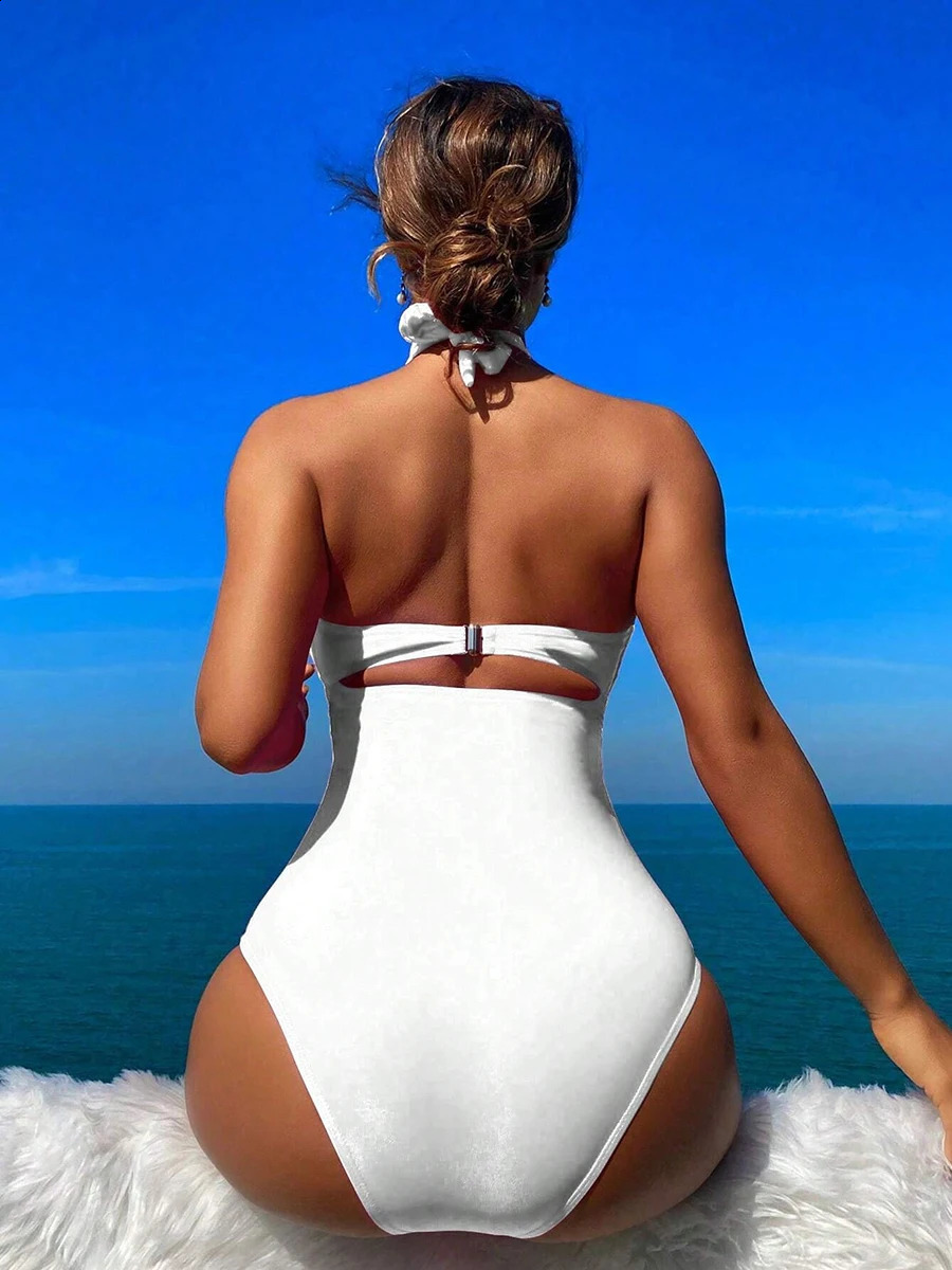 Drawstring Onepiece Women Swimsuit 2025 Swimwear Female High Waisted Bikini Bandeau Halter Bathing Suit Swimming for Monokini 250319