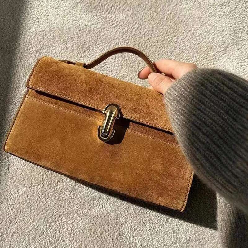 Genuine Leather Small Square Bags For Women Designer Handbag Purses 2024 New In Vintage Frosted Suede Simple Ladies Tote