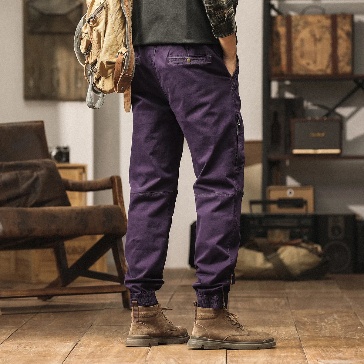 Cotton mens cargo pants with elastic waist and Trouser multi pocket casual jogging suitable for ankle length zipper purple drag 250317