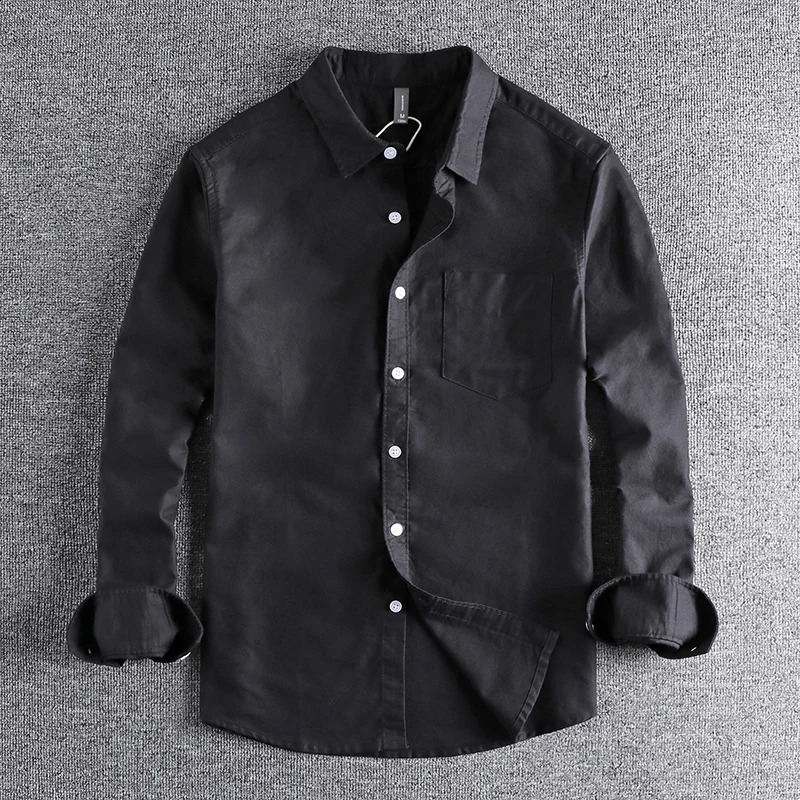 Washed Oxford Fabric Base Simple Pocket Long Sleeve Shirt Mens Casual Jacket 250317