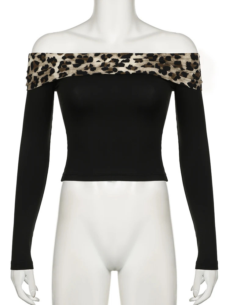 Rockmore Leopard Print Patchwork Crop Top for Women Y2K Aesthetics Of Shoulder Long Sleeve T Shirts Grunge Fairycore Clothes 250320