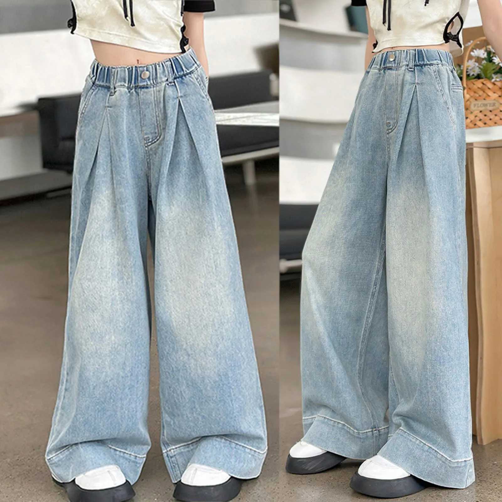 Girls Fashion Jeans Vintage Style Elastic Waist Loose Straight Wide Legs Denim With Pockets Spring Summer Outfits Girl TrouserT250326