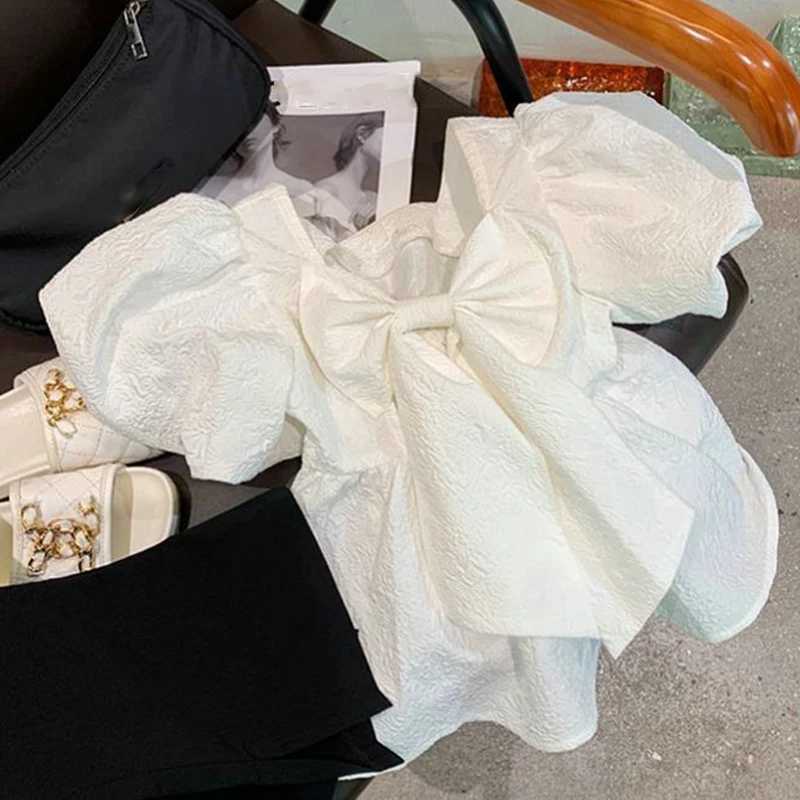 Summer girls short sleeved sweet square neckline bubble backless big bow fashion version short sleeved shirt childrens clothingT250320