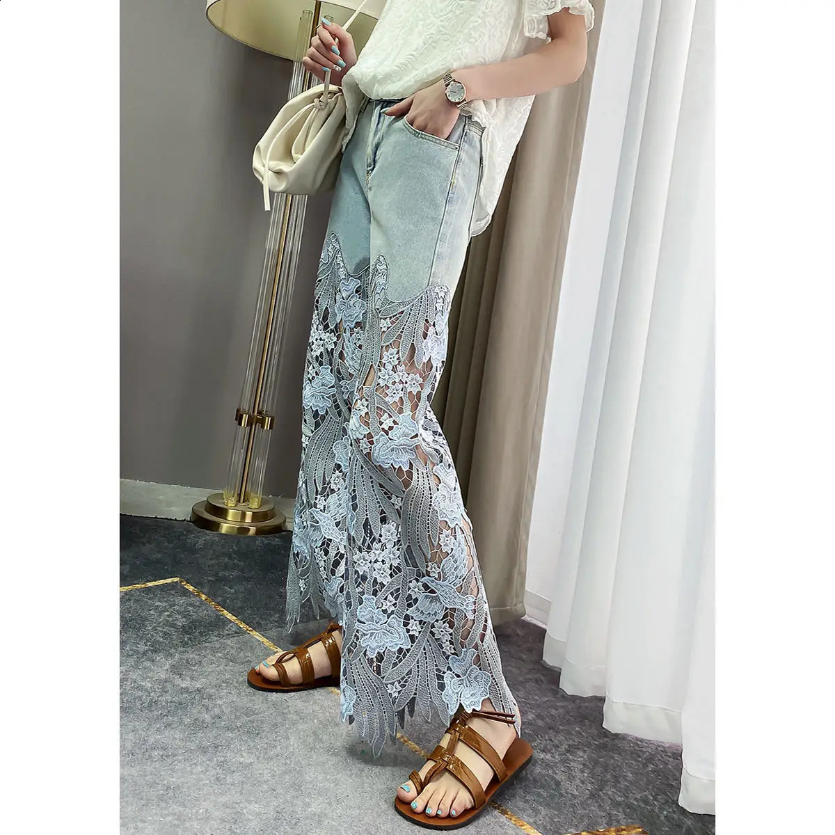 Summer Retro Flower Hollow Jeans Cool Pants Womens Pants Loose Street Casual Trousers 250314