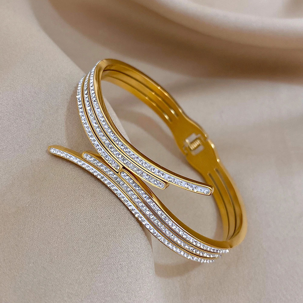 Greatera Rhinestone Charm Stainless Steel Bangles Cuff Bracelet for Women Geometric Irregular Gold Plated Party Jewelry 250320