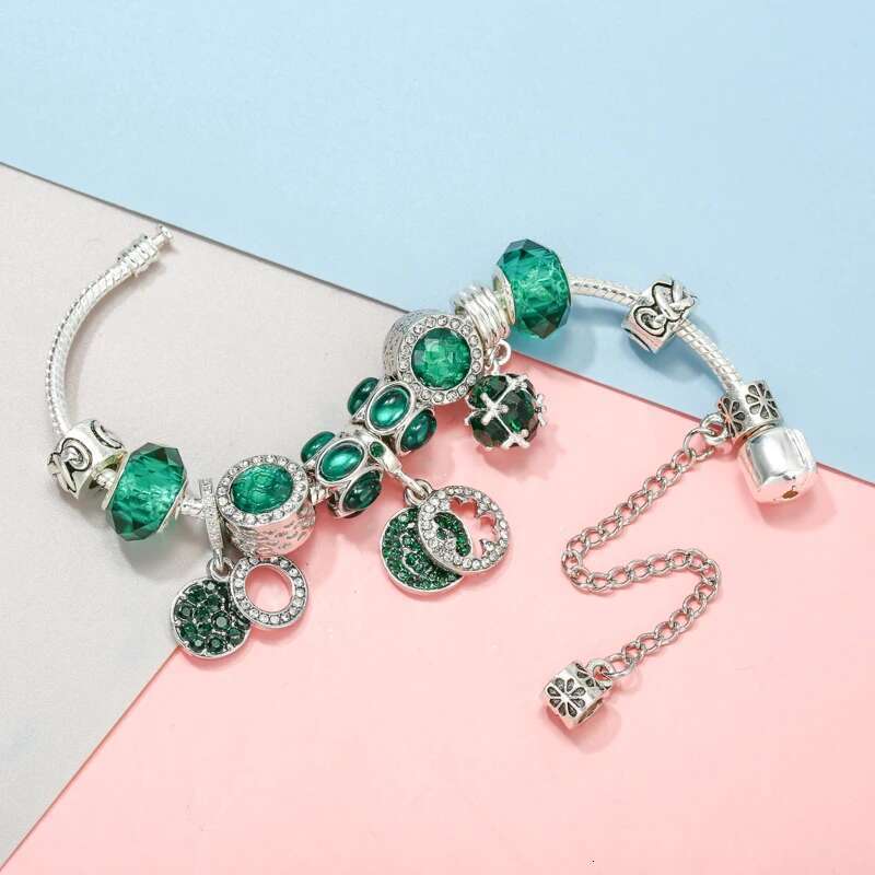 Original Charm Bracelet For Women Green Crystal Glass Beads Pendant DIY Snake Chain Bijoux Pulseras Jewelry Gift Dropshipping