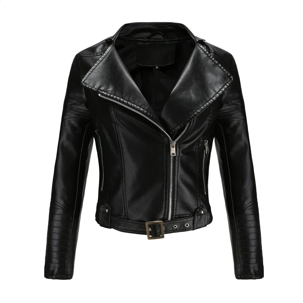 Womens motorcycle leather jacket long sleeved zipper lapel tie waist belt short outfit highquality autumn and winter outerwear 250319