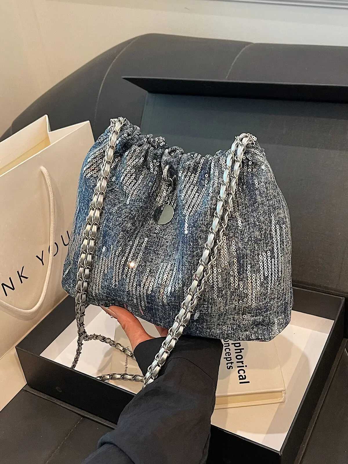 Glitter Chian Womens Cowboy Shoulder Bag 2024 Y2K Trend Korean Fashion Handbags and Wallets Womens Cross body Bucket Bag Y250319