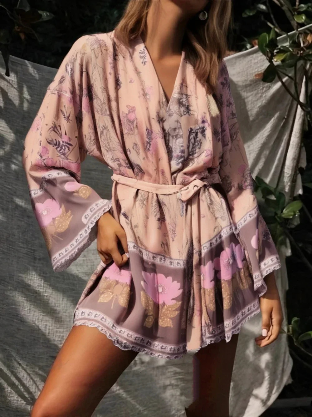 Happie Queens Women Floral Print Sashes Bat Sleeve Beach Bohemian Kimono Dresses Ladies V Neck Summer Bikini Boho Cover-ups 250320