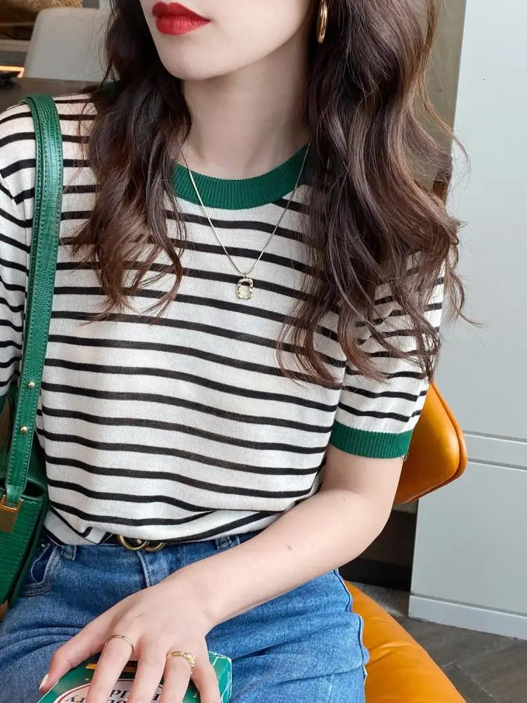 2025 Stripe Tops Women Knitted Round Collar Summer Print Short Sleeve Casual Simple Wild T-Shirt 250320