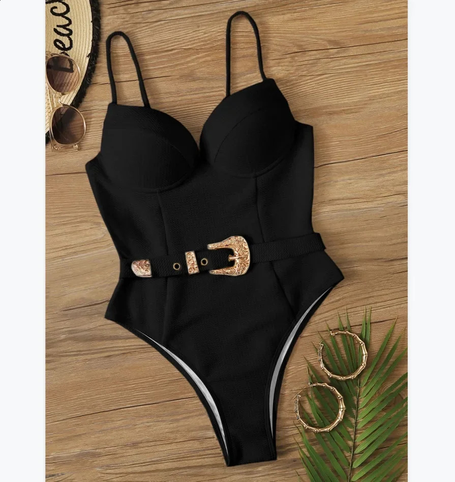 Sexy Push Up Underwire Swimwear Women Solid White Black Padded Buckle One Piece Swimsuit Beach Bathing Suit Bodysuit Monokini 250319