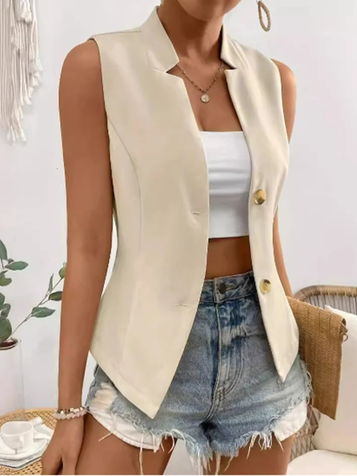 Solid color button short sleeved sleeveless lapel womens suit jacket street fashion daily elegant summer top 250314