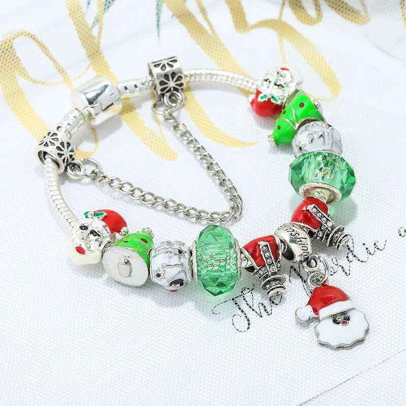 Christmas Series Santa Claus Beads & Pave Bracelet With Snake Chain Charm Bracelet Bangles For Women Girls Jewelry Dropshipping