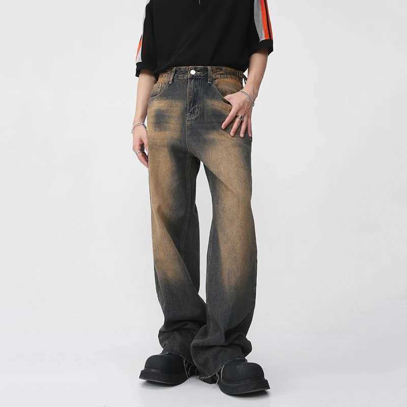 IEFB Retro Mens Burr Jeans Summer New Gradient Straight Denim Pants Street Mens Casual Wide Legs Trousers 9W460T250319