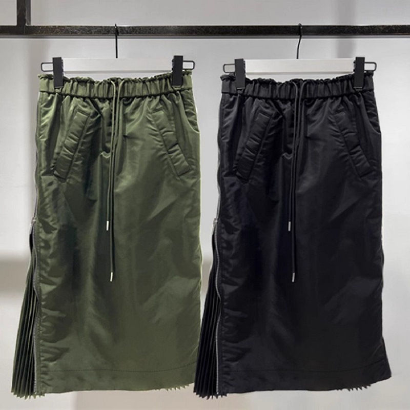 FOG SACAI Half length 2024 New Slimming Drawstring, Zipper on Both Sides, Folded Waist Bag, Hip Fold Skirt
