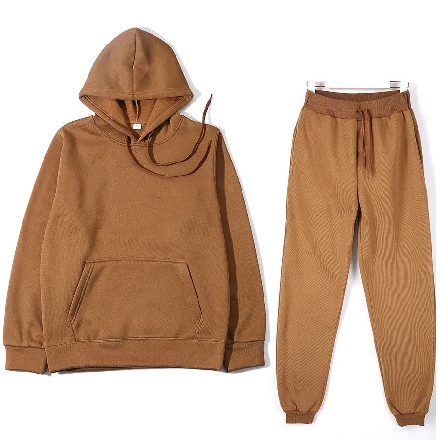 Mens Autumn and Winter Solid Color Hoodiepants Twopiece Set Fashionable Casual Sports Size S3XL Tracksuit 250319