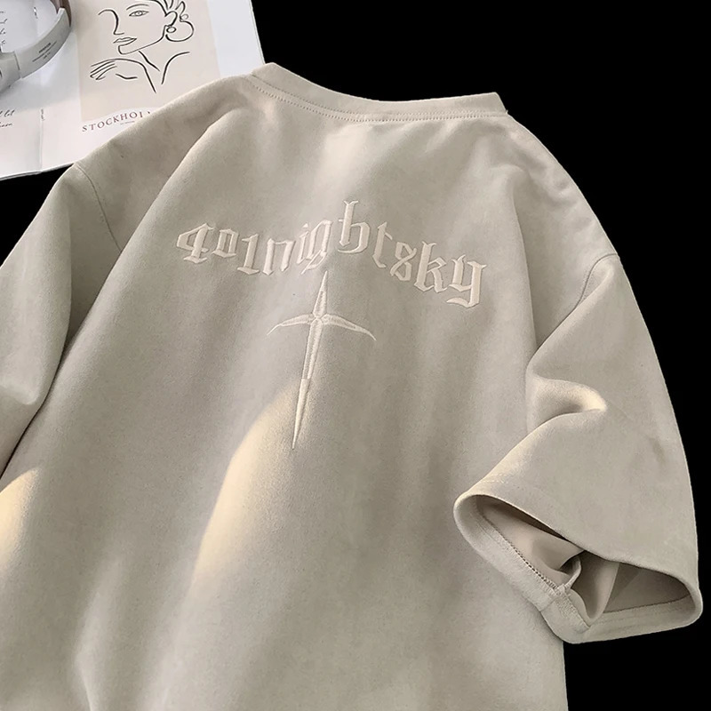 Suede Letter Embroidered T-shirts For Men High Street Vintage Drop Shoulder Tee Oversized Tops Casual Male Clothing 250317