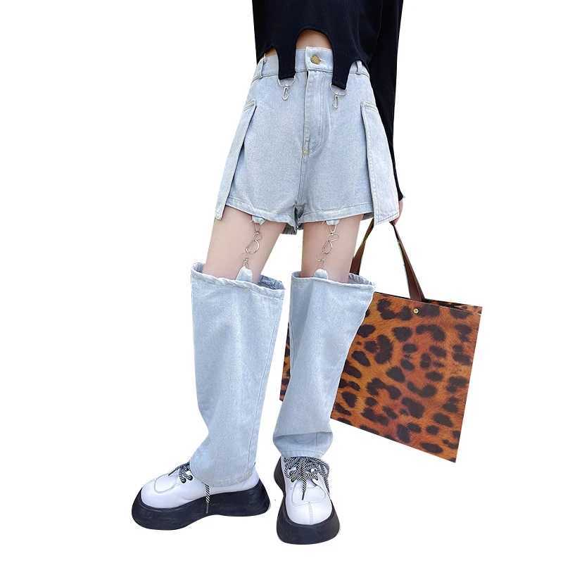 Fashionable Childrens Jeans Teens Girls Pants Hip Hop Hooks Split Jeans Shorts Spring Summer Kids Trousers Trend Wide-Leg JeansT250326