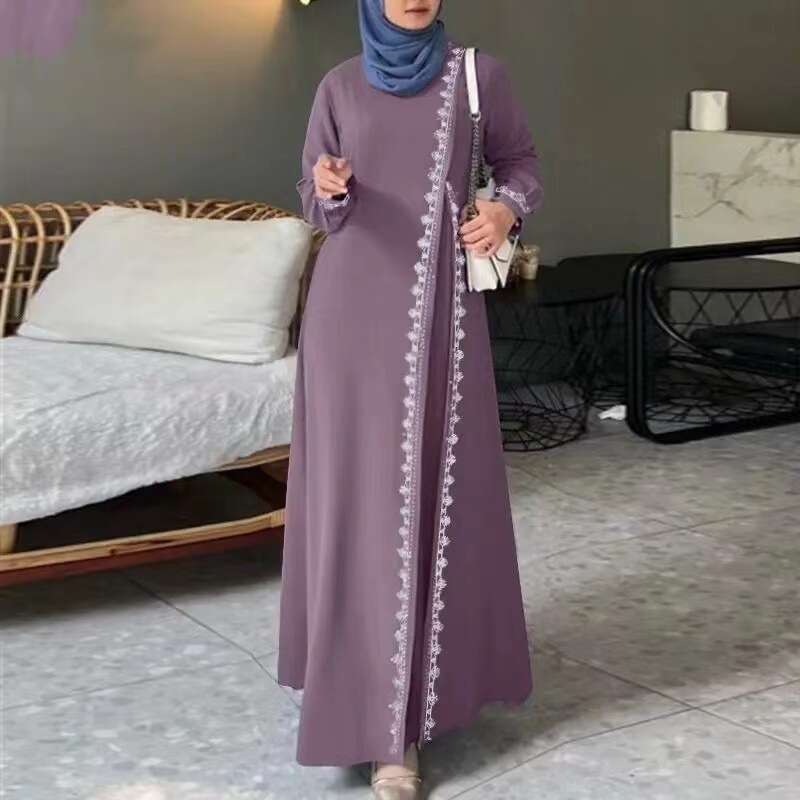 2024 New Muslim Robe Fashion Long Sleeve Lace Edge Women's Spring And Summer Casual Dress