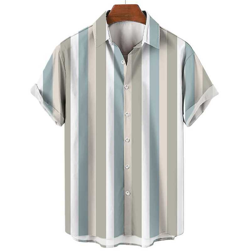 Mens Hawaiian summer shirt with striped print short sleeved shirt collar button up mens streetwear fashionable casual social top M250320