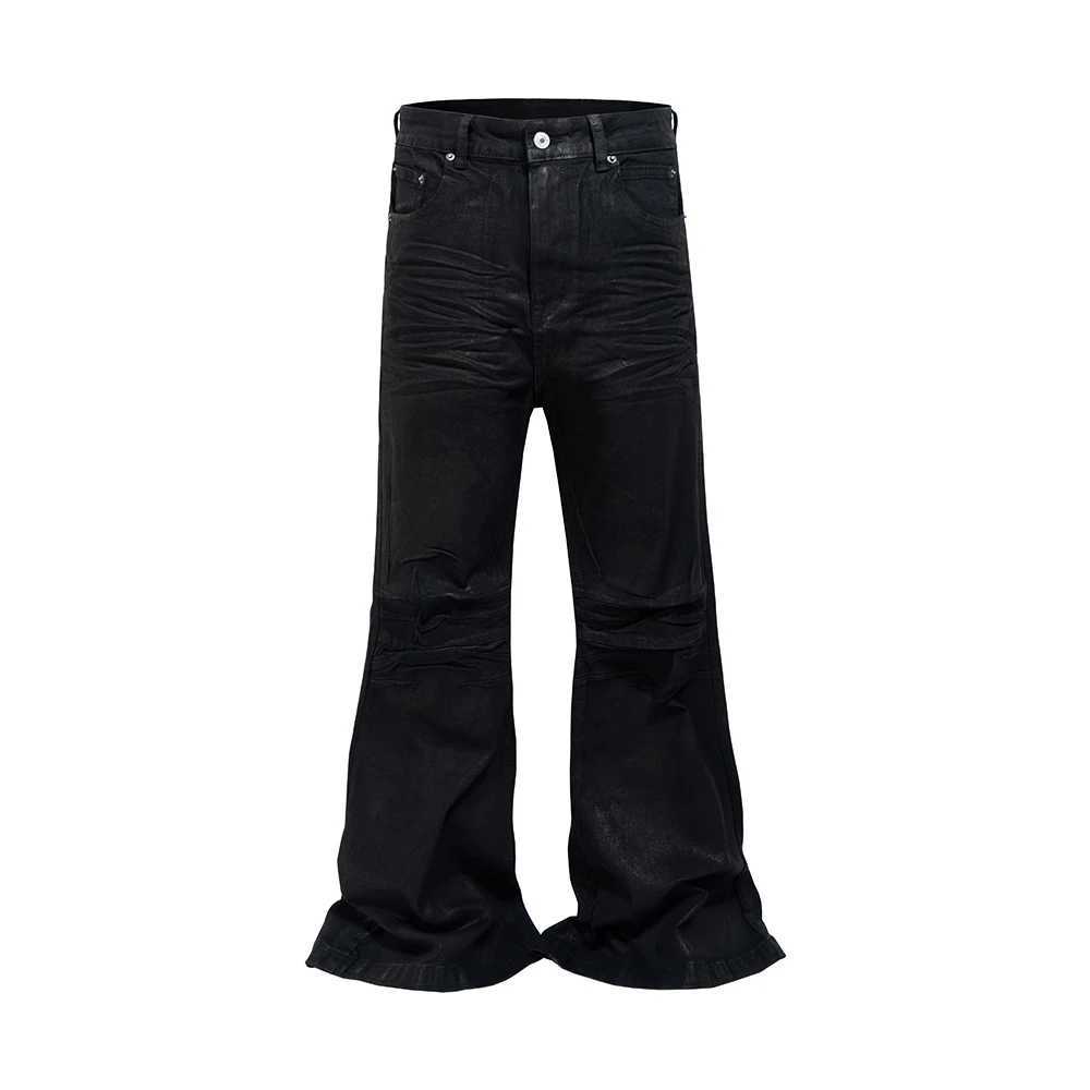 Mens and womens black adhesive coated boots cut straight pocket casual flash pants oversized loose denim shortsT250319